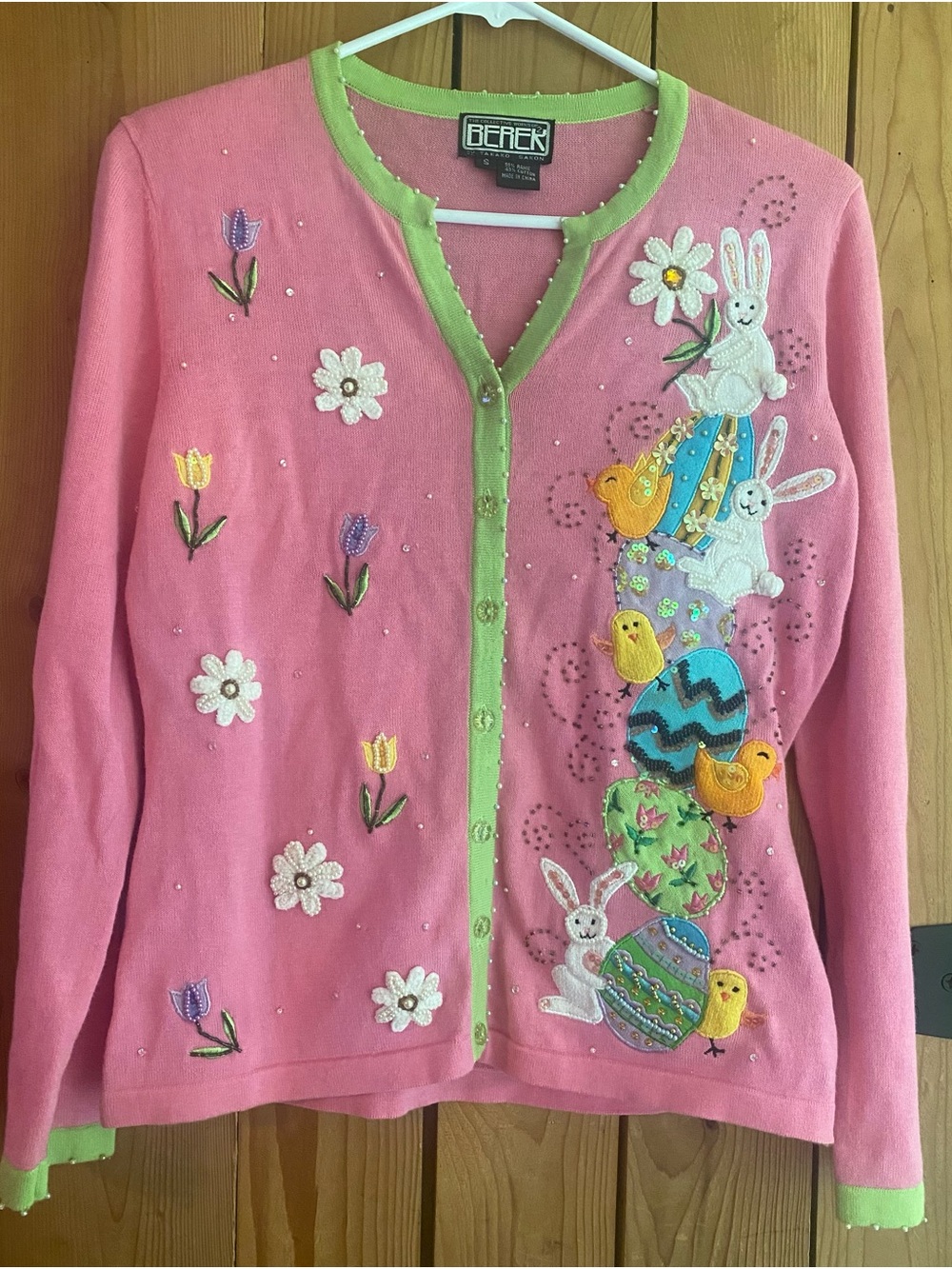 Vintage Berek Whimsical Pink Cardigan with Green Trim and Easter Bunny Motifs